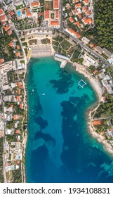 Aerial Overhead Drone Shot Of Sunset Beach In Dubrovnik By Dalmatia Coastline In Croatia Summer