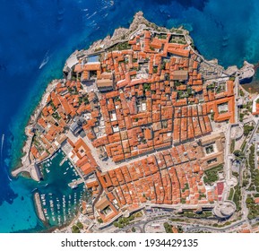 Aerial Overhead Drone Shot Of Whole Dubrovnik Old Town By Adriatic Sea In Croatia Summer