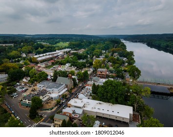 Aerial Overhead Landscape Neighborhood In A Small American Of Small Town Historic New Hope Pennsylvania USA View Of Delaware River