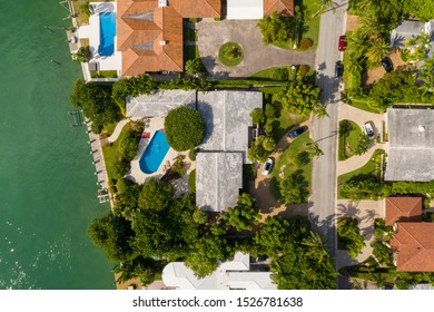 Aerial Overhead Photo Of Luxury Mansions In Miami Beach On The Water