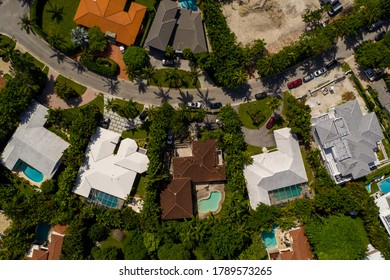 Aerial Overhead Shot Of Luxury Homes With Palm Trees Miami Beach Bal Harbour