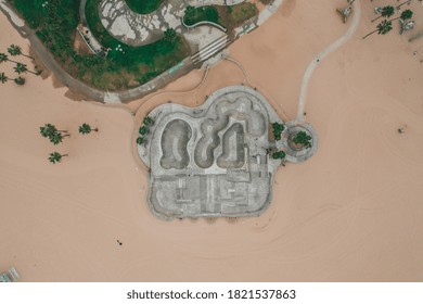 Aerial Overhead View Of Empty Venice Beach Skatepark Morning Vibe With No People LOS ANGELES CIRCA NOVEMBER 2018