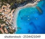 Aerial overhead view of the village Agios Nikitas at the west coast of Lefkada island, Ionian Sea, Greece