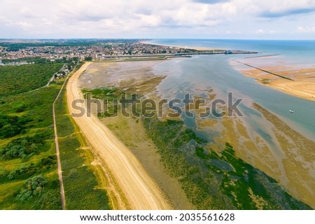 Aerial overview of siege point and Ouistreham port and city, Normandy, France