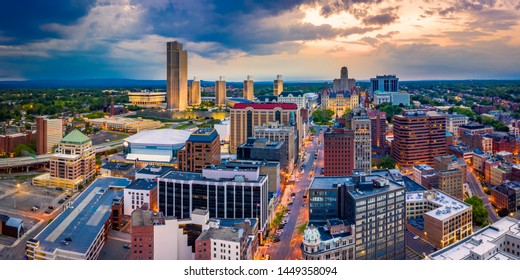 Aerial panorama of Albany, New York downtown along State street, at dusk. Albany is the capital city of the U.S. state of New York and the county seat of Albany County - Shutterstock ID 1449358094