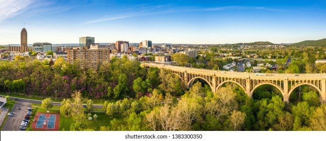 Aerial panorama of Allentown, Pennsylvania skyline and Albertus L. Meyers Bridge (aka Eighth Street Bridge) on late sunny afternoon . Allentown is Pennsylvania's third most populous city.