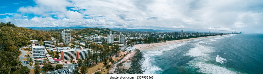 Aerial panorama of Burleigh Heads ocean coastline. Gold Coast, Queensland, Australia