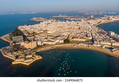 Aerial panorama with Cadiz City, Santa Catalina Castle and La Caleta Beach, Andalusia, Spain