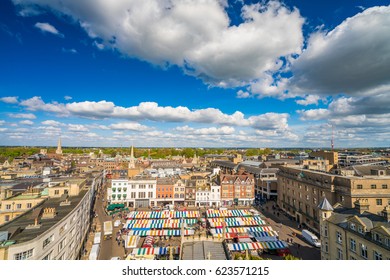 Aerial panorama of Cambridge market square, UK