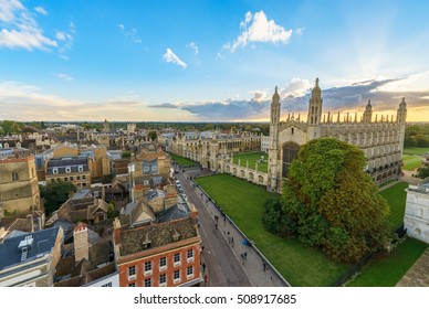 Aerial panorama of Cambridge near King chapel with colorful sky