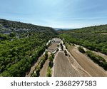 Aerial Panorama of Cistercian Abbey of Sénanque, Gordes: Lavender Fields and Vintage Charm in Provence, France