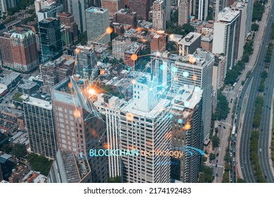 Aerial panorama city of Chicago downtown area and Lake, day time, Illinois, USA. Birds eye view, skyscrapers, financial district. Decentralized economy. Blockchain, cryptography concept, hologram