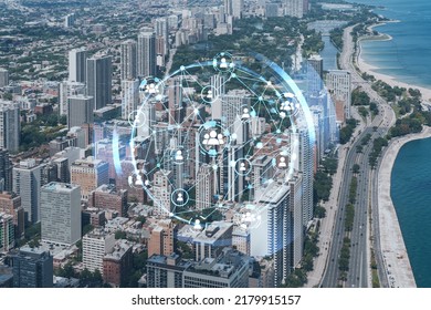 Aerial panorama city of Chicago downtown area and Lake, day time, Illinois, USA. Birds eye view, skyscrapers. Social media hologram. Concept of networking and establishing new people connections