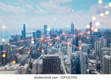 Aerial panorama city of Chicago downtown area and Lake, day time, Illinois, USA. Birds eye view, skyscrapers. Social media hologram. Concept of networking and establishing new people connections - Shutterstock ID 2191317951