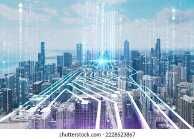Aerial panorama city, Chicago downtown area and Lake, day time, Illinois, USA. Birds eye view. Hologram of Artificial Intelligence concept. AI and business, machine learning, neural network, robotics