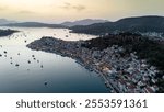 Aerial panorama of the city and harbor of Poros island in the Saronic Gulf, Greece,