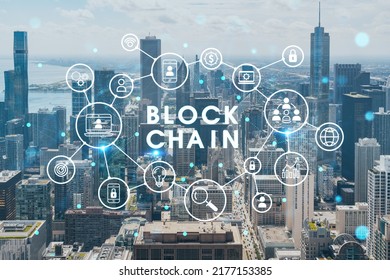 Aerial panorama city view of Chicago downtown area and Lake, day time, Illinois, USA. Birds eye view, skyscrapers, financial district. Decentralized economy. Blockchain, cryptography concept, hologram