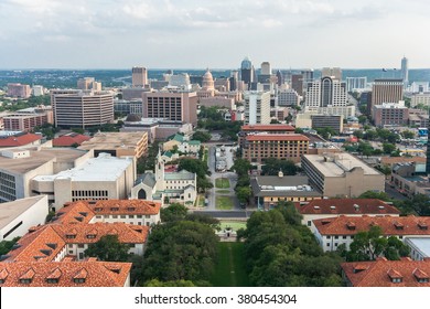 Aerial Panorama Of Downtown Austin And Texas State Capitol From UT Austin Main Building (Tower)