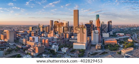 Aerial panorama of downtown Houston skyline as seen from the northeast side of town.  New building construction can be seen in the early morning light photo.