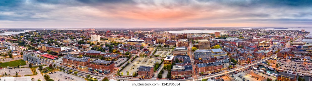 Aerial Panorama Of Downtown Portland, Maine At Dusk