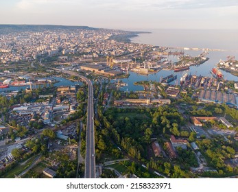 Aerial Panorama Drone Top View Of Asparuhov Bridge And Varna City At Sunset