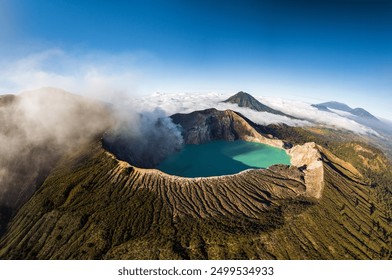 Aerial panorama drone view of mount Kawah Ijen volcano crater at sunrise, East Java, Indonesia - Powered by Shutterstock