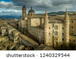 Aerial panorama of the Ducal Palace of Urbino medieval walled town and university in Marche, Italy a popular travel destination