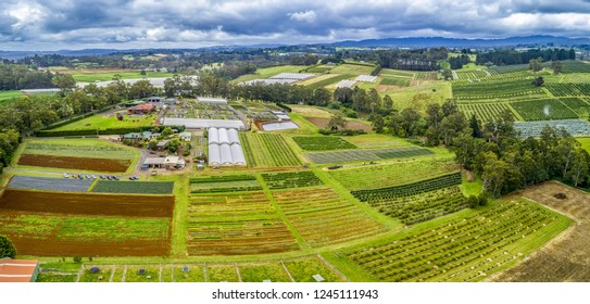 Aerial panorama of fields and greenhouses in Australian countryside