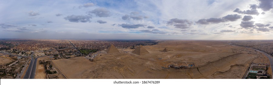 Aerial Panorama Of The Great Pyramids Of Giza, Egypt