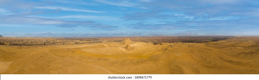 Aerial Panorama Of The Great Pyramids Of Giza, Egypt