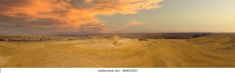 Aerial Panorama Of The Great Pyramids Of Giza, Egypt