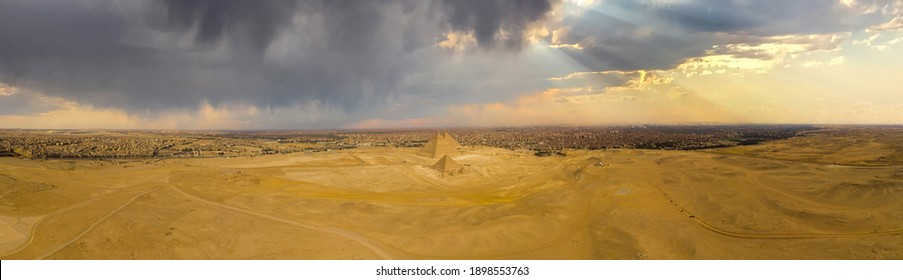 Aerial Panorama Of The Great Pyramids Of Giza, Egypt