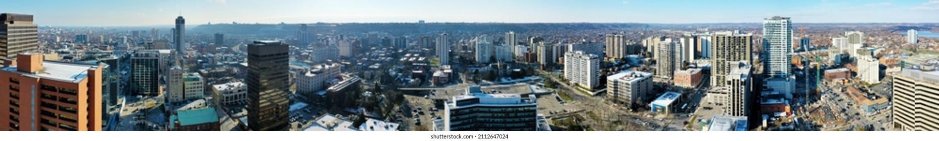 An aerial panorama of Hamilton, Ontario, Canada downtown in late autumn