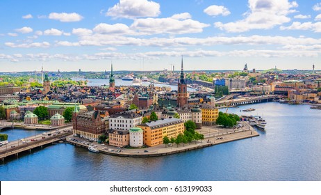 Aerial panorama from height of bird's flight on observation deck on tower City Hall to Gamla Stan (Old Town), Stockholm, Sweden