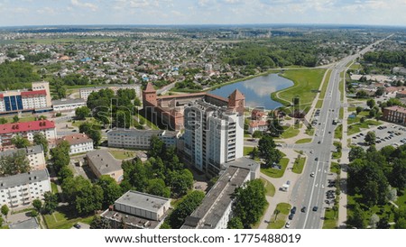 Aerial panorama of the historic city of Lida with a castle. Belarus.