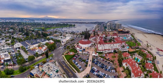 Aerial Panorama Of Hotel Del Coronado And Other Buildings In Coronado, California. High Quality Photo