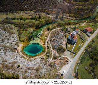 Aerial Panorama of Izvor Cetine and Catholic Church in Dalmatia, Croatia.