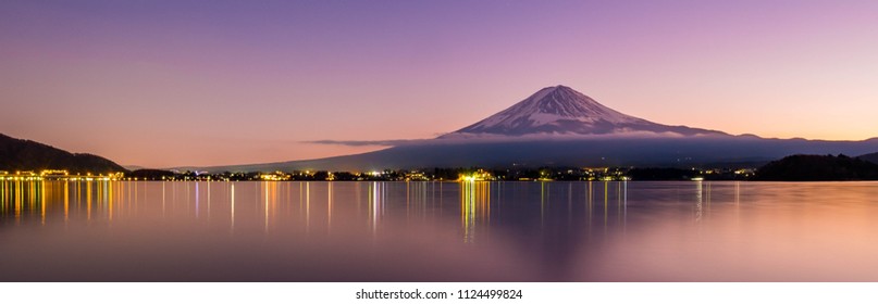 Aerial Panorama Landscape of Fuji Mountain. Iconic and Symbolic Mountain of Japan. Scenic Sunset Landscape of Fujisan at Evening Time, Kawaguchiko, Yamanashi, Japan.