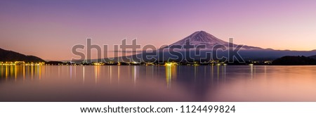 Aerial Panorama Landscape of Fuji Mountain. Iconic and Symbolic Mountain of Japan. Scenic Sunset Landscape of Fujisan at Evening Time, Kawaguchiko, Yamanashi, Japan.