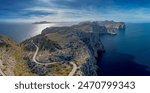 Aerial panorama landscape view of the curving road and rugged Cap de Formentor in northwestern Mallorca