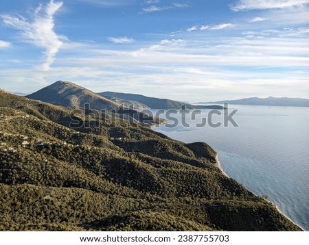 aerial panorama landscape view of seaside,beaches and mountains near Saranda. Albania Aerial photography. The Ionian Sea. Albanian Riviera. Shooting from a drone Sarande.Albanian coast-Balkan country