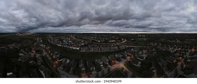 Aerial Panorama Of Low, Overcast Clouds Over City Of Lexington, Kentucky In Early Morning Hours