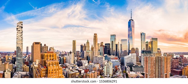 Aerial Panorama Of Lower Manhattan Skyline At Sunset Viewed From Above Greenwich Street In Tribeca Neighborhood.