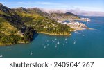 aerial panorama of lyttelton, famous harbour near christchurch in new zealand south island, canterbury