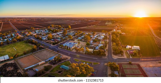 Aerial panorama of Monash - small town in South Australia at sunset