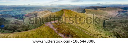 Aerial panorama of a mountain range (Pen-y-Fan, Brecon Beacons, Wales)