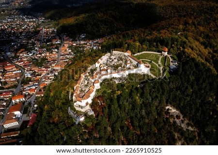 Aerial panorama of the old medieval fortress of Rasnov in Romania