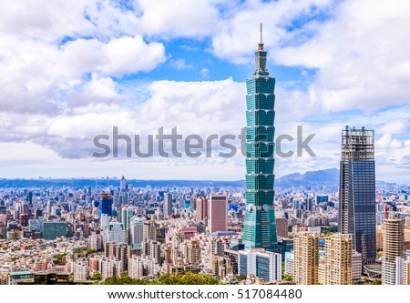Aerial panorama over Downtown Taipei with Taipei 101 Skyscraper, capital city of Taiwan 