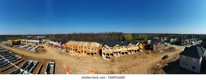 An aerial panorama of Paris, Ontario, Canada housing construction