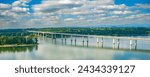 Aerial panorama photo of the Glen Jackson Bridge which carries Interstate Highway I_5 over the Columbia River in Portland, Oregon